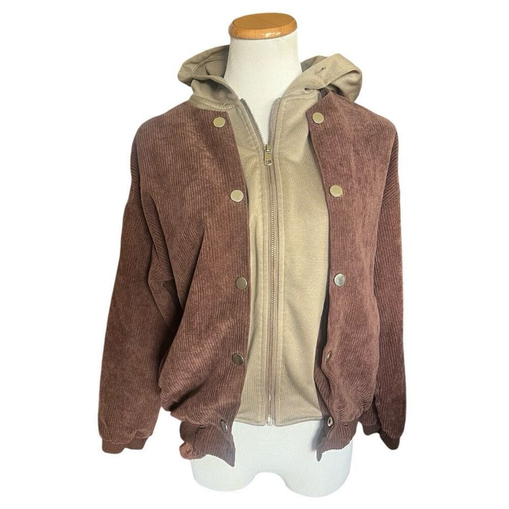 Womens Shein Y2K Brown Corduroy Jacket w Attached Hoodie Coat - Sz S HT Black n
